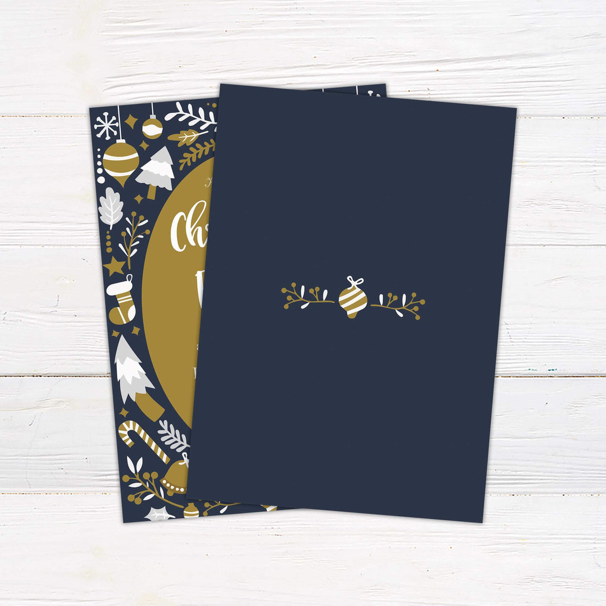 This holiday party invitation features a gold oval center framed by festive Christmas illustrations, including ornaments, stockings, candy canes, bells, stars, and winter foliage. The text invites guests to a Christmas brunch with a cheerful and elegant tone. - back side.