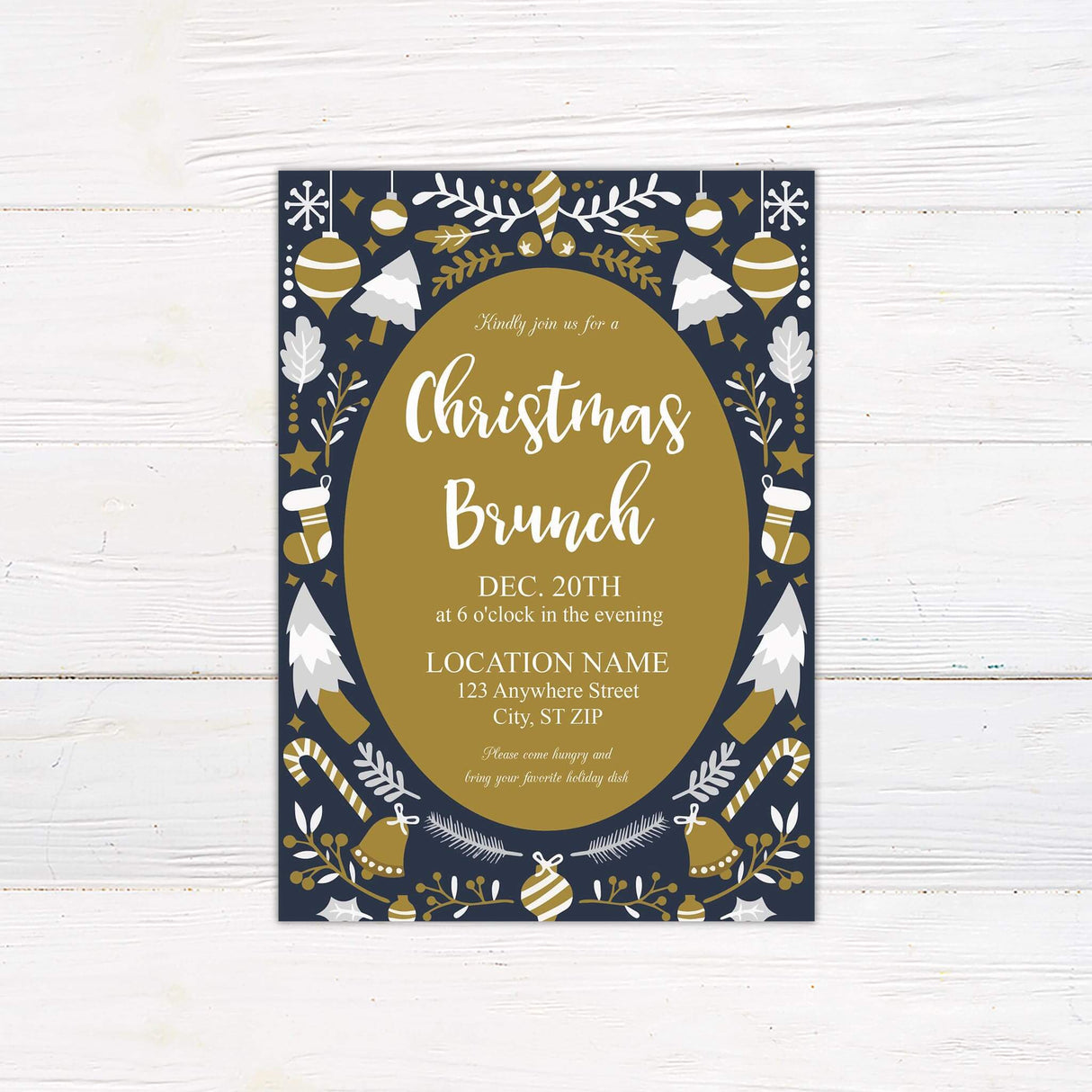 This holiday party invitation features a gold oval center framed by festive Christmas illustrations, including ornaments, stockings, candy canes, bells, stars, and winter foliage. The text invites guests to a Christmas brunch with a cheerful and elegant tone.
