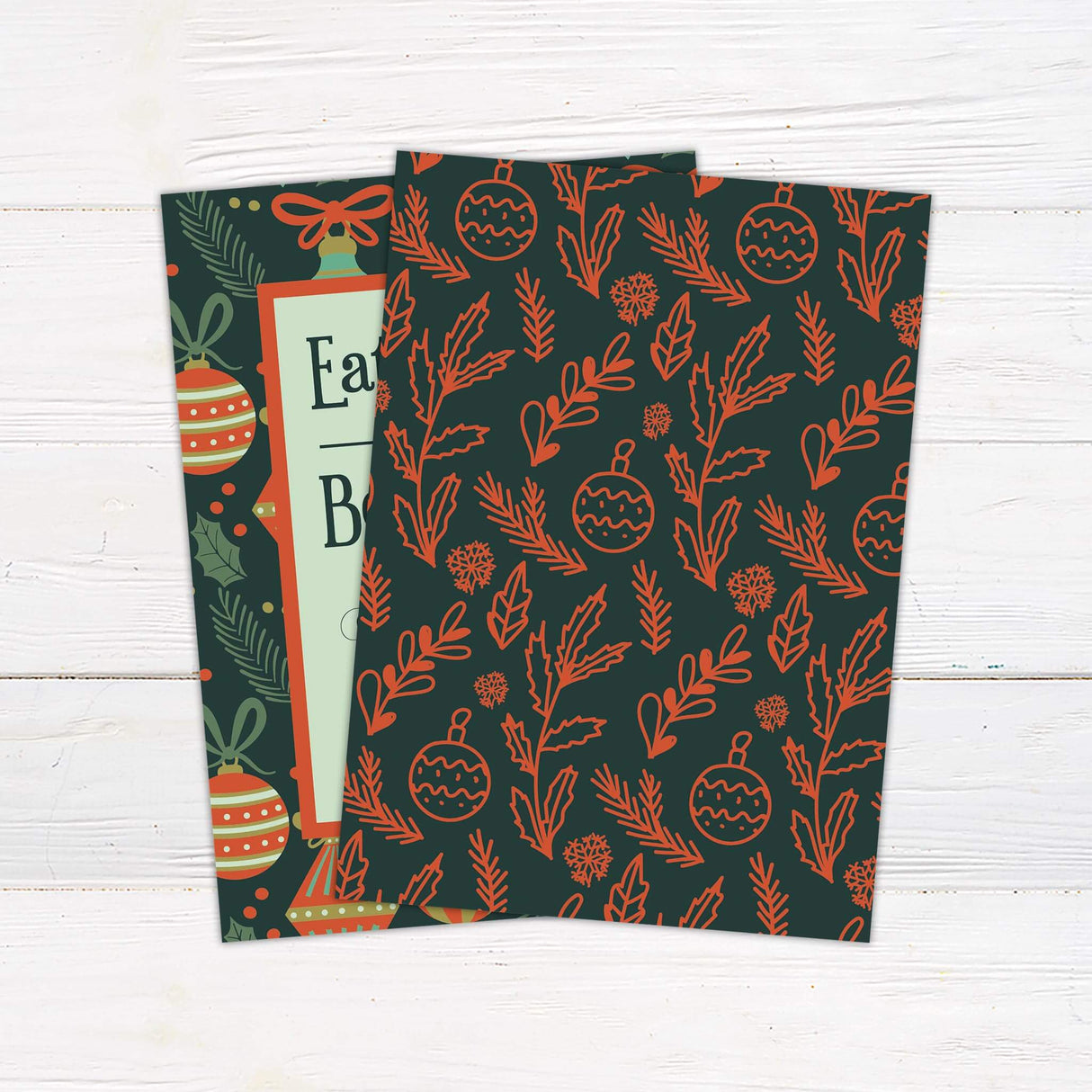 This festive invitation features playful typography and cheerful red and green ornaments with pine branches. The text invites guests to a joyful Christmas party filled with food and celebration. - back side.