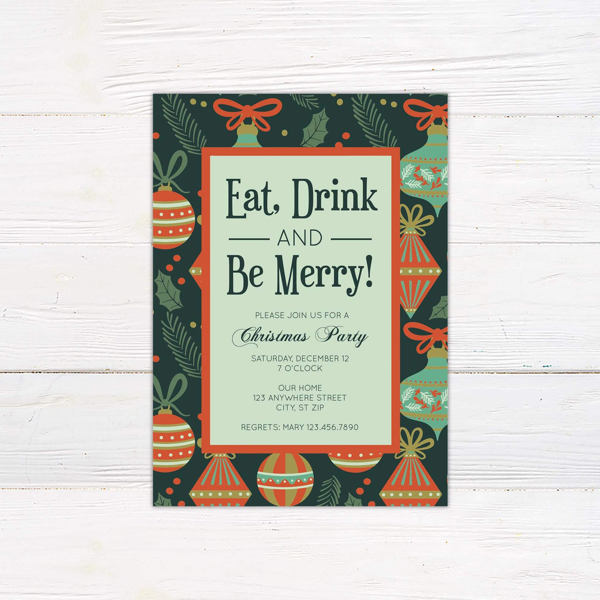 This festive invitation features playful typography and cheerful red and green ornaments with pine branches. The text invites guests to a joyful Christmas party filled with food and celebration.