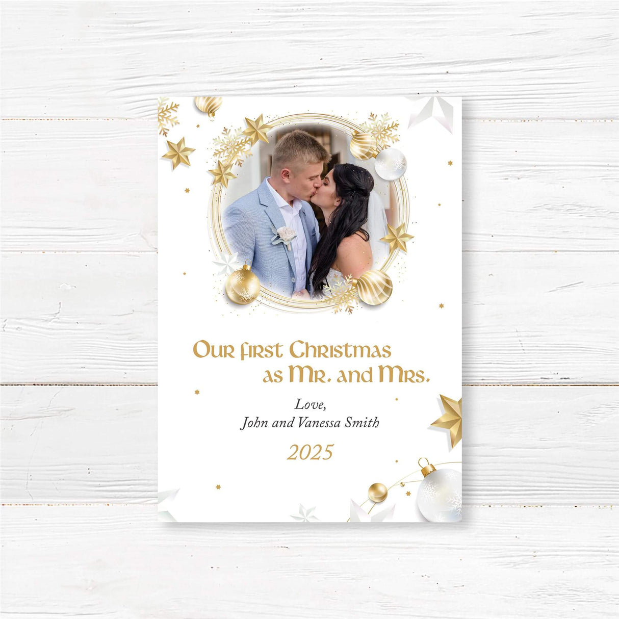 Our First Christmas as Mr. and Mrs. personalized photo card with gold stars and holiday decorations