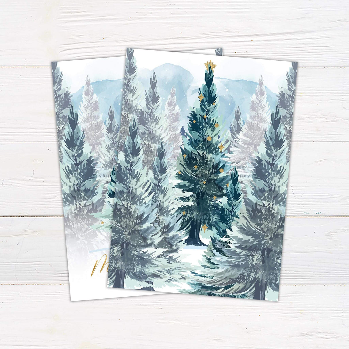 Watercolor Christmas card with decorated evergreen tree and snowy forest background, personalized with family name and year. back side