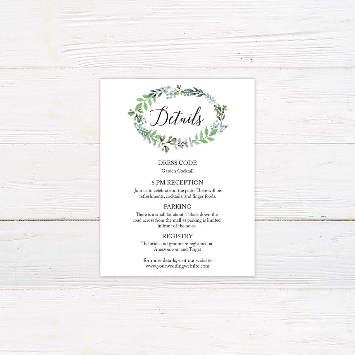 Wedding detail card with soft green botanical accents and classic serif and script font pairing.