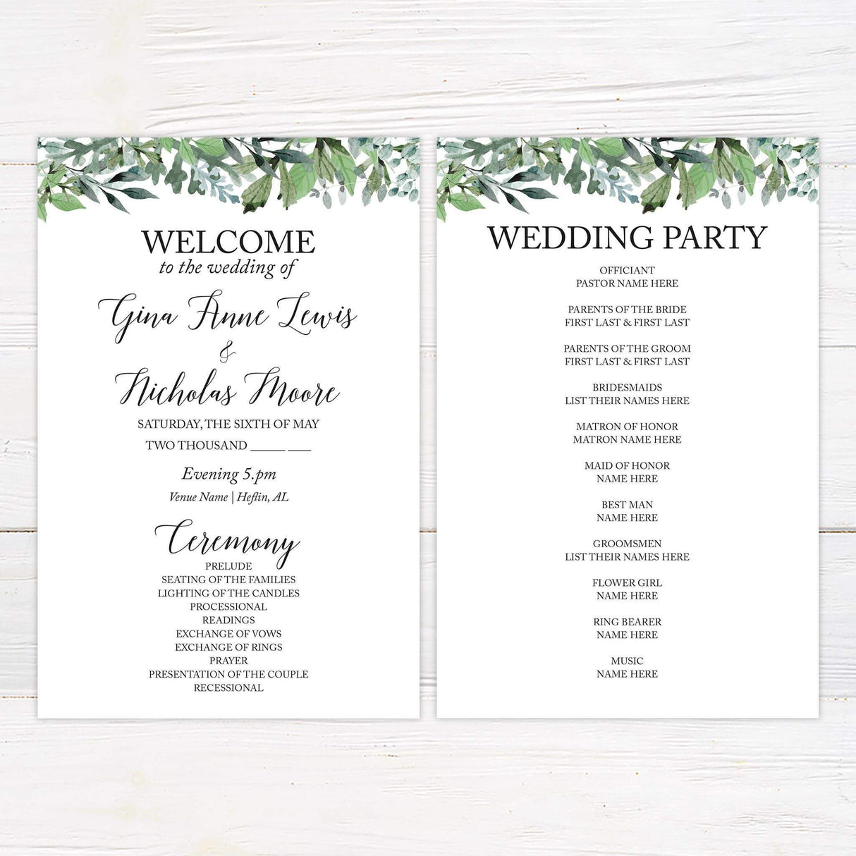 Wedding program featuring oval greenery wreath design and organized layout with elegant script details.