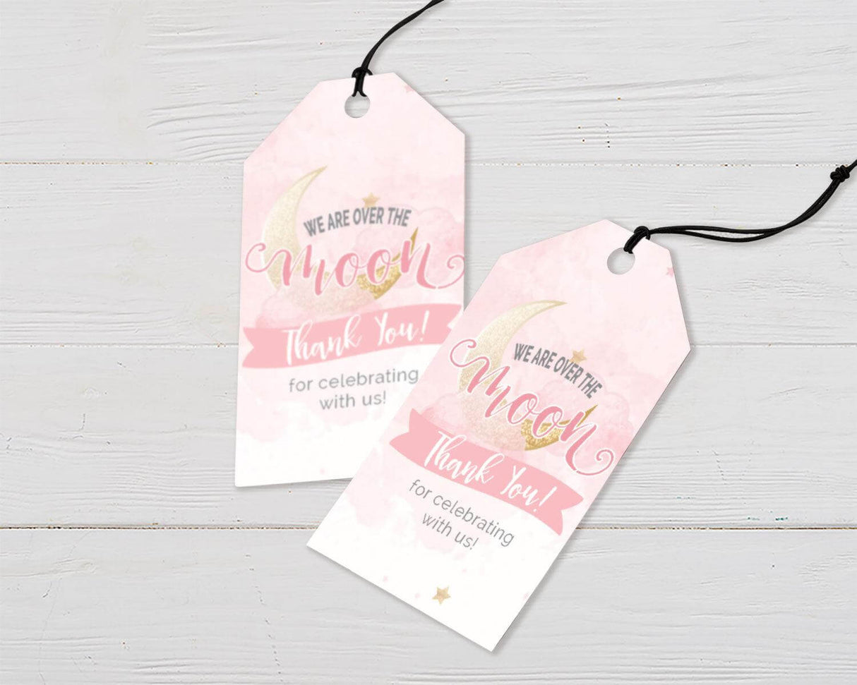 Over the Moon favor tags featuring a pink sky, gold moon, and stars for thank you notes.