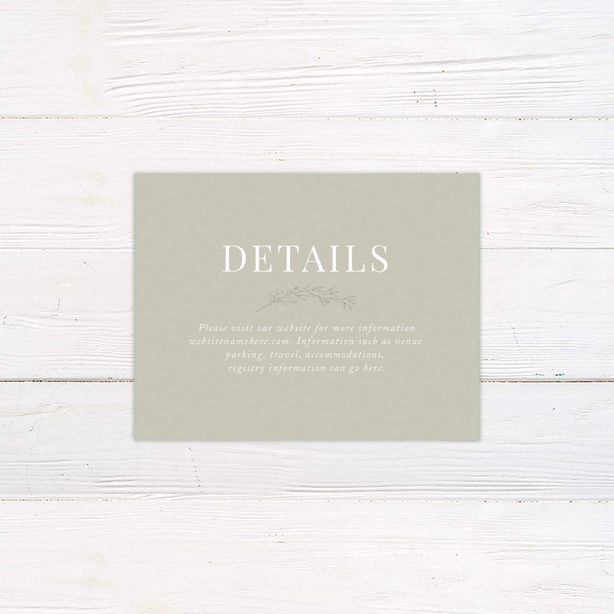 Wedding detail card featuring soft sage tones, fine floral illustrations, and elegant typography.