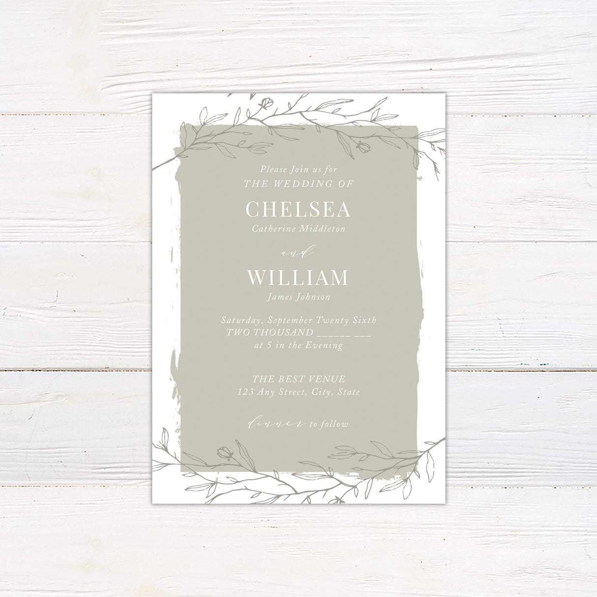 Sage green wedding invitation with painted background, minimalist floral line art, and elegant script and serif fonts.