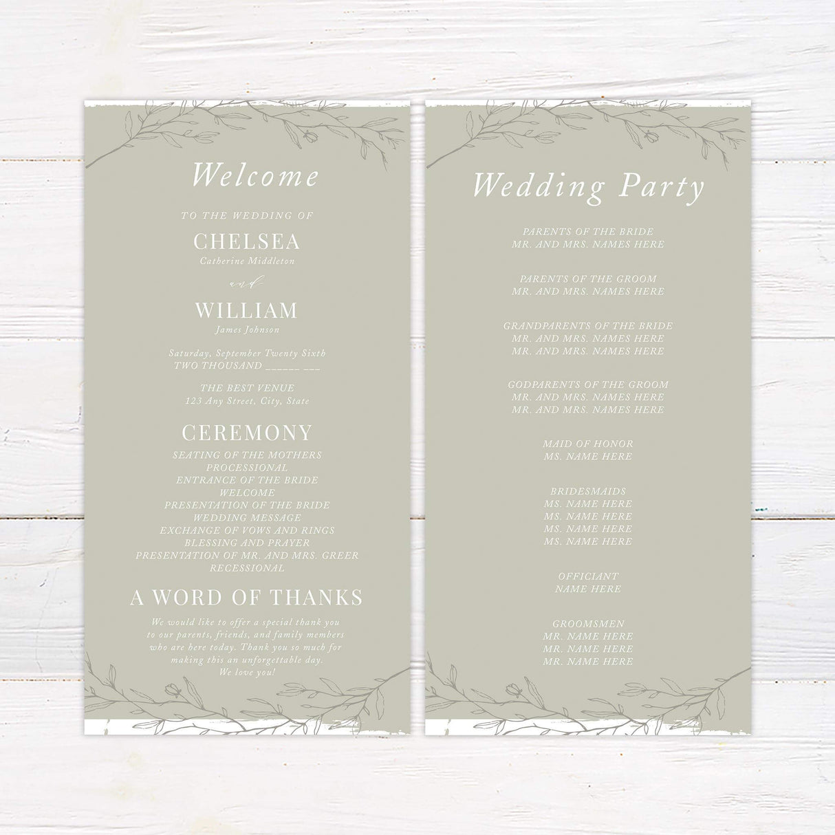 Wedding program with sage watercolor background, fine botanical drawings, and modern serif and script fonts.