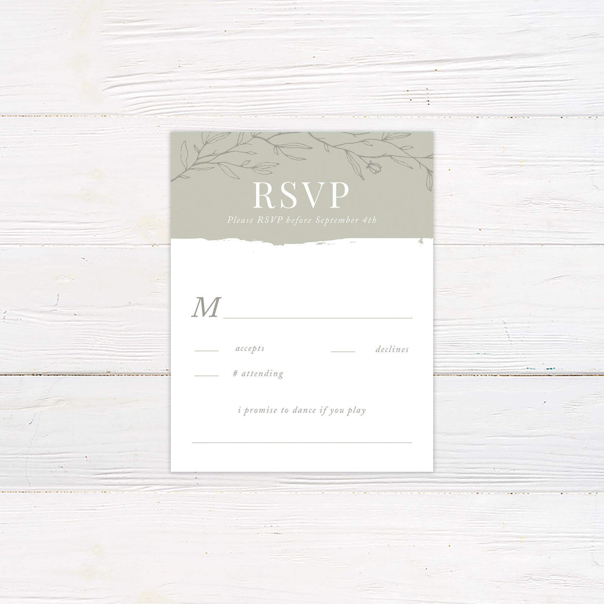 RSVP card with sage green painted background and matching floral line art in minimalist style.