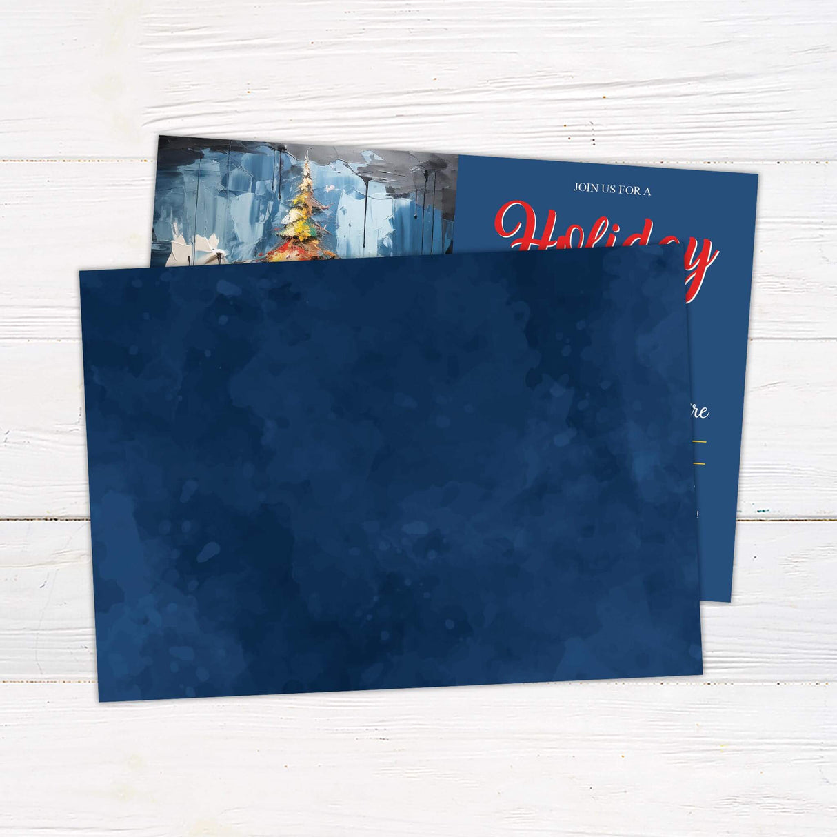 A holiday party invitation featuring bold script text beside a colorful painted Christmas tree. The design combines festive artwork with event information in a modern layout. - back side.