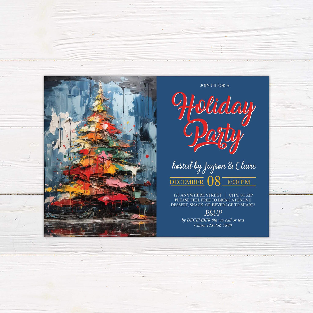 A holiday party invitation featuring bold script text beside a colorful painted Christmas tree. The design combines festive artwork with event information in a modern layout.