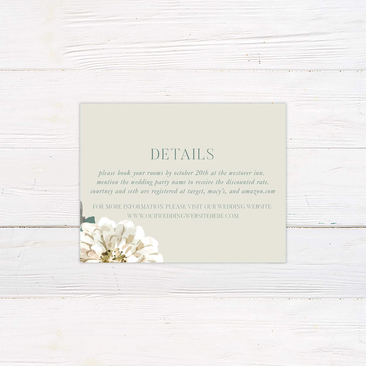 Wedding detail card with painted white florals and soft green foliage on a muted background.