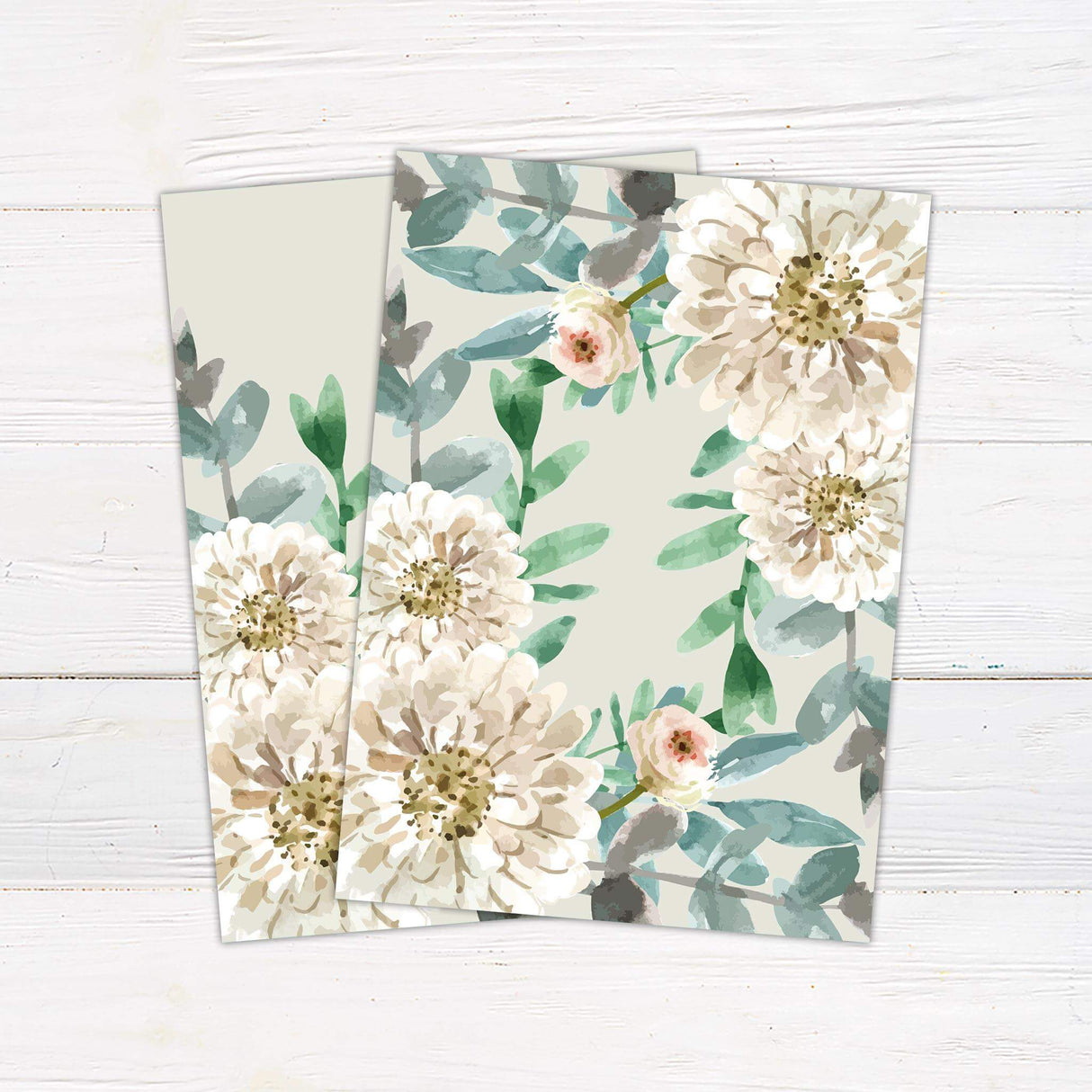 Sage green wedding invitation with white painted flowers, watercolor eucalyptus greenery, and elegant serif fonts.- back side