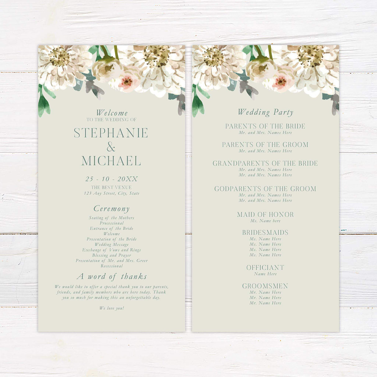 Wedding program featuring hand-painted white flowers, eucalyptus greenery, and clean serif layout.