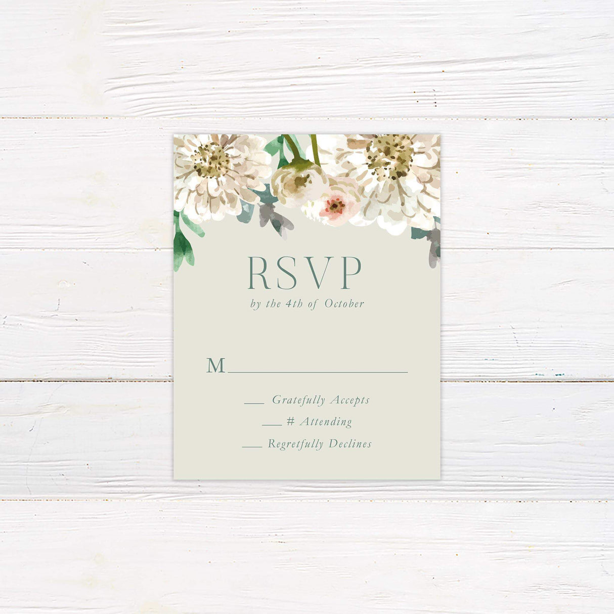 RSVP card with sage green background and matching painted white flowers and eucalyptus accents.