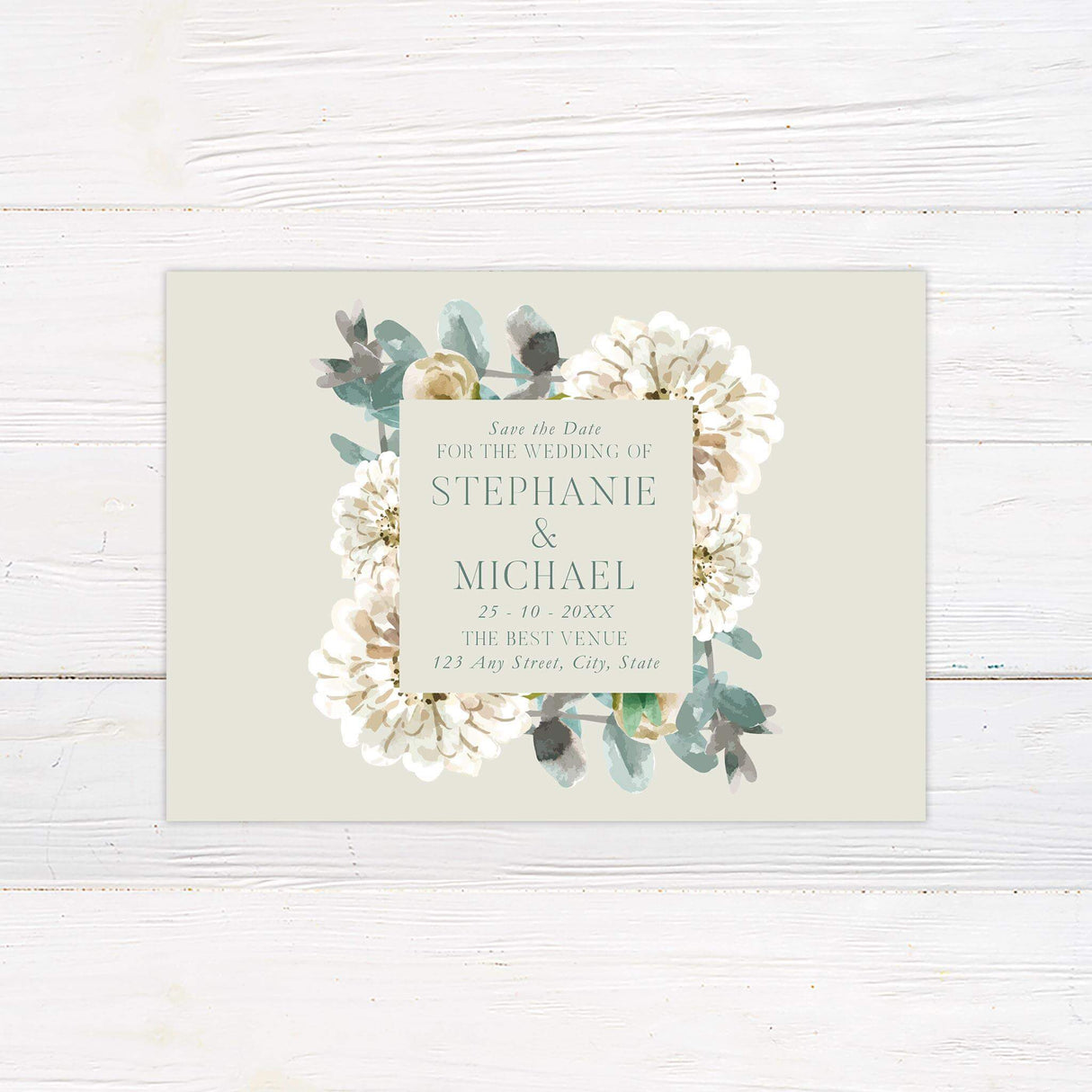 Save the date card with sage tones, painted white florals, and romantic serif typography for garden or fall weddings.