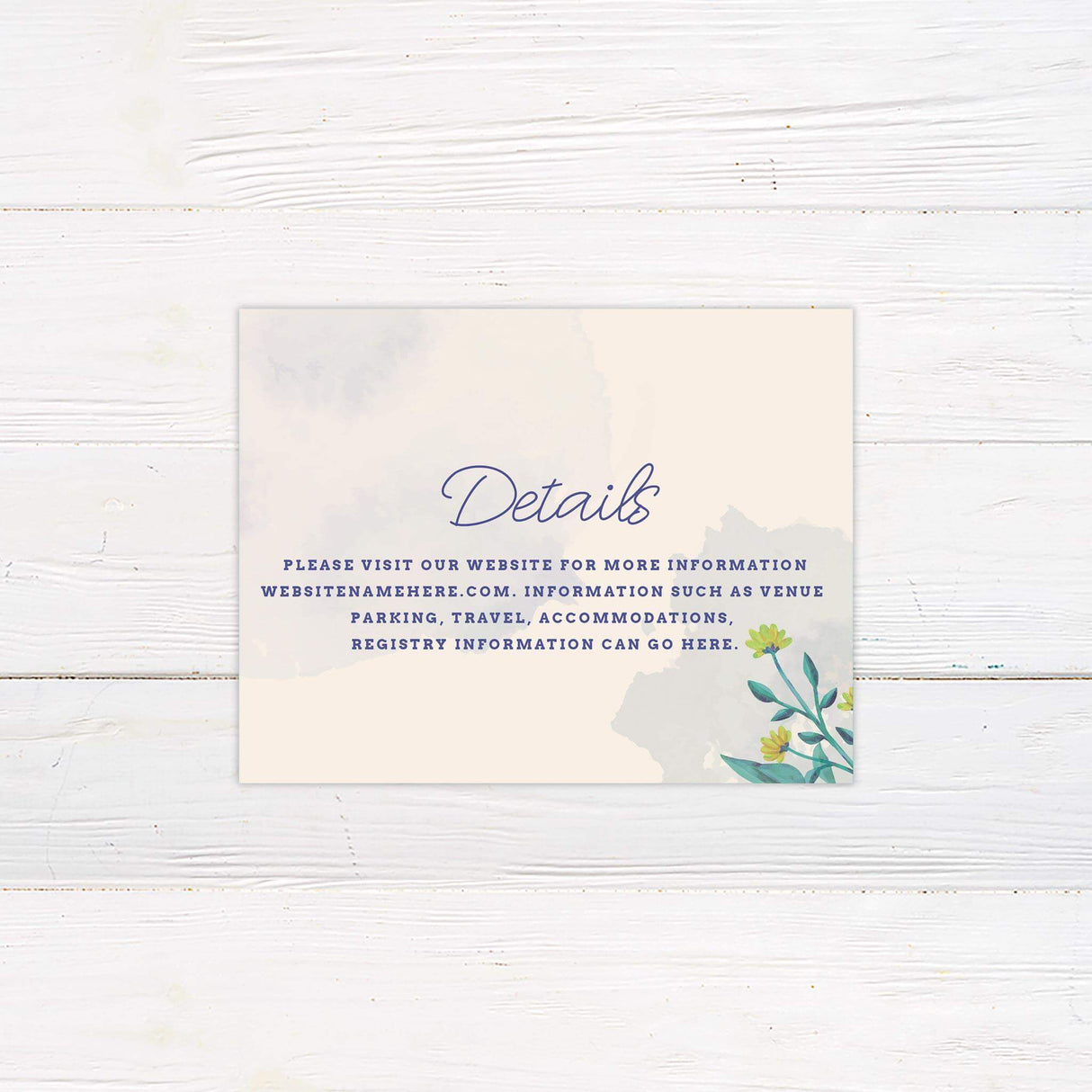 Wedding detail card featuring painterly accents and modern typography on a cream-colored background.