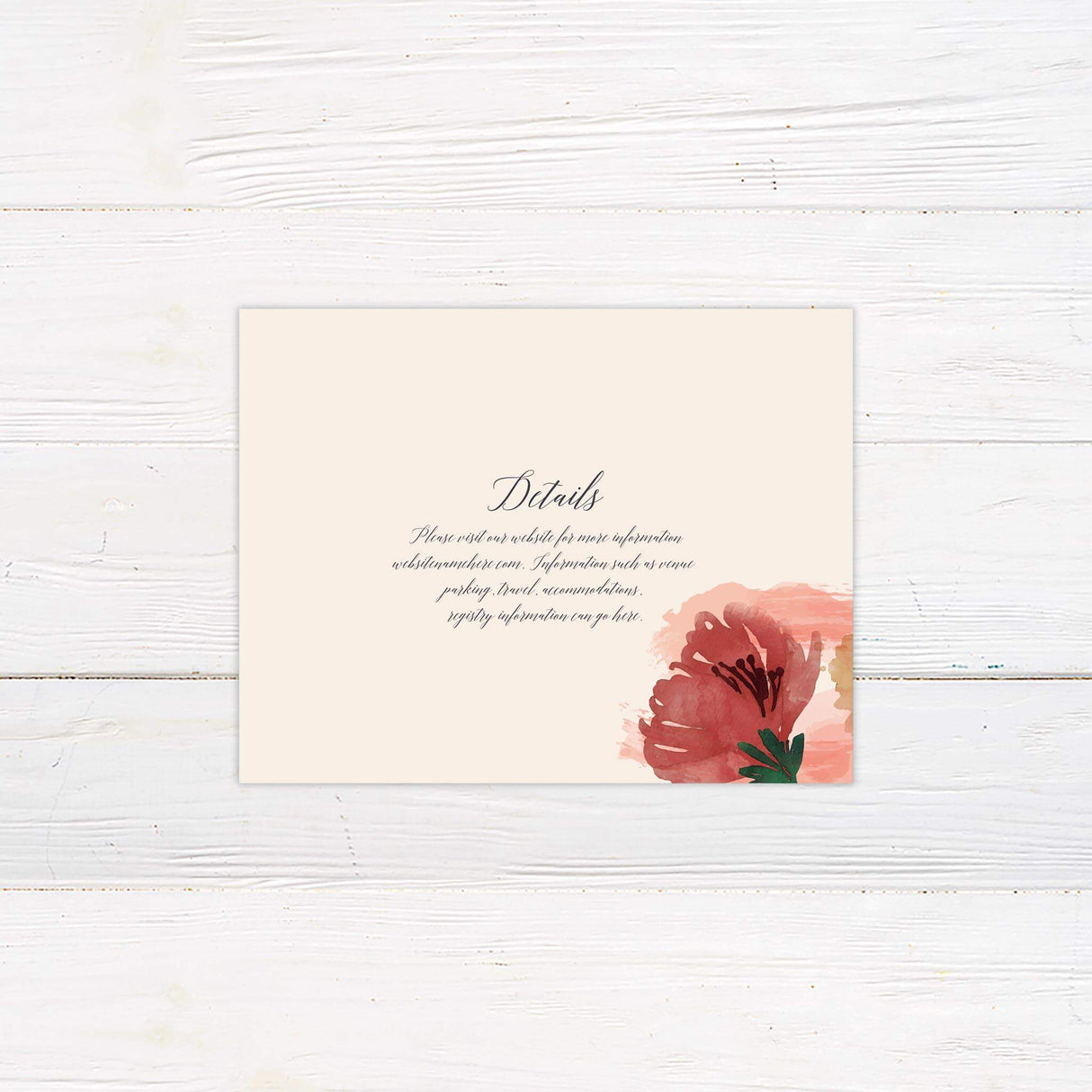 Wedding detail card featuring painterly abstract floral accents in coordinating red, blush, and beige tones.