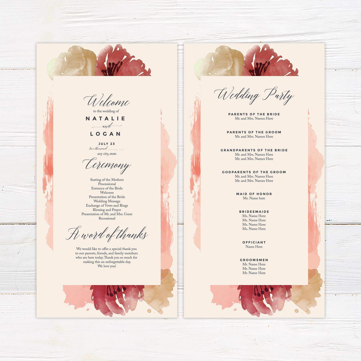 Wedding program with expressive watercolor florals and a minimalist text layout for a bold, modern look.