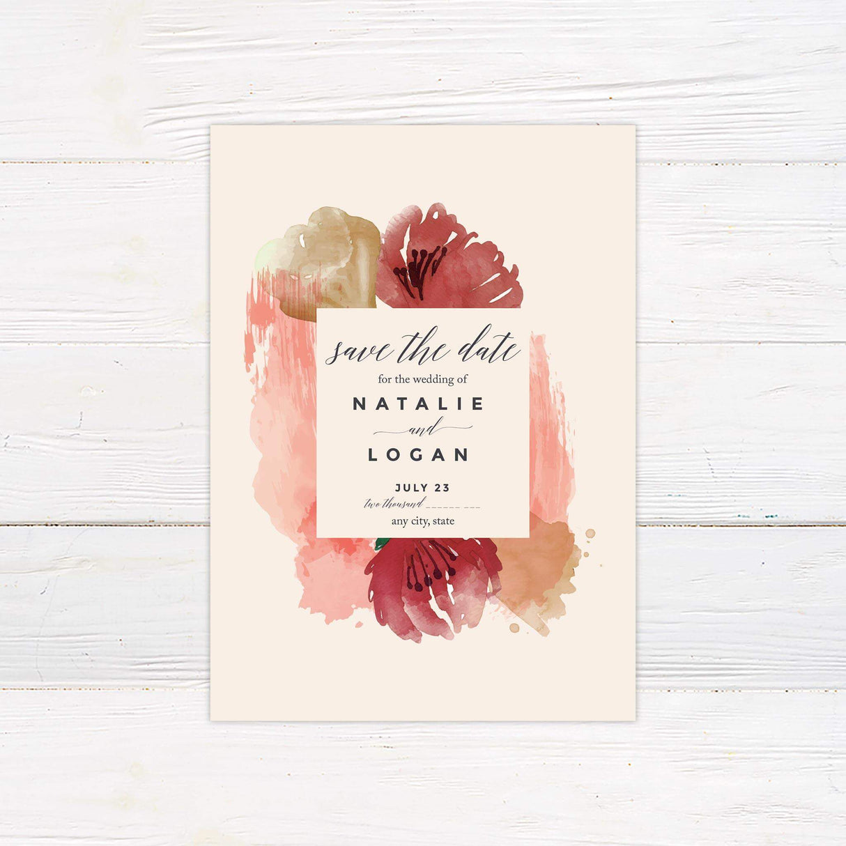 Save the date card with bold red and blush watercolor background and contemporary typography for a modern celebration.