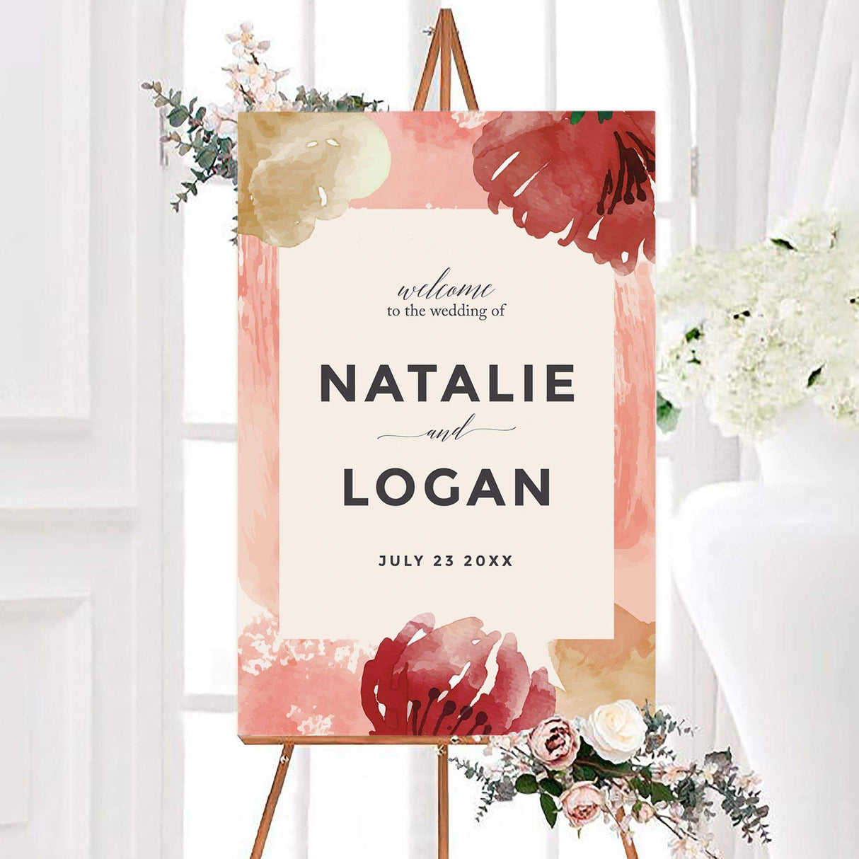 Modern painterly impressionist wedding welcome sign featuring large impressionist-style flowers in coral, blush, red, cream, and warm neutral tones. The personalized center includes the couple’s names and wedding date in bold modern lettering.