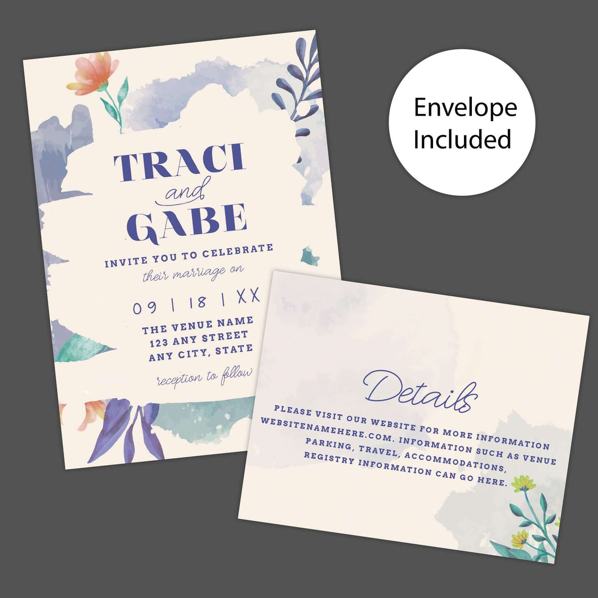 Colorful watercolor floral wedding invitation with bold serif names, playful script, and painted brushstroke accents on a cream background. - invite and Details