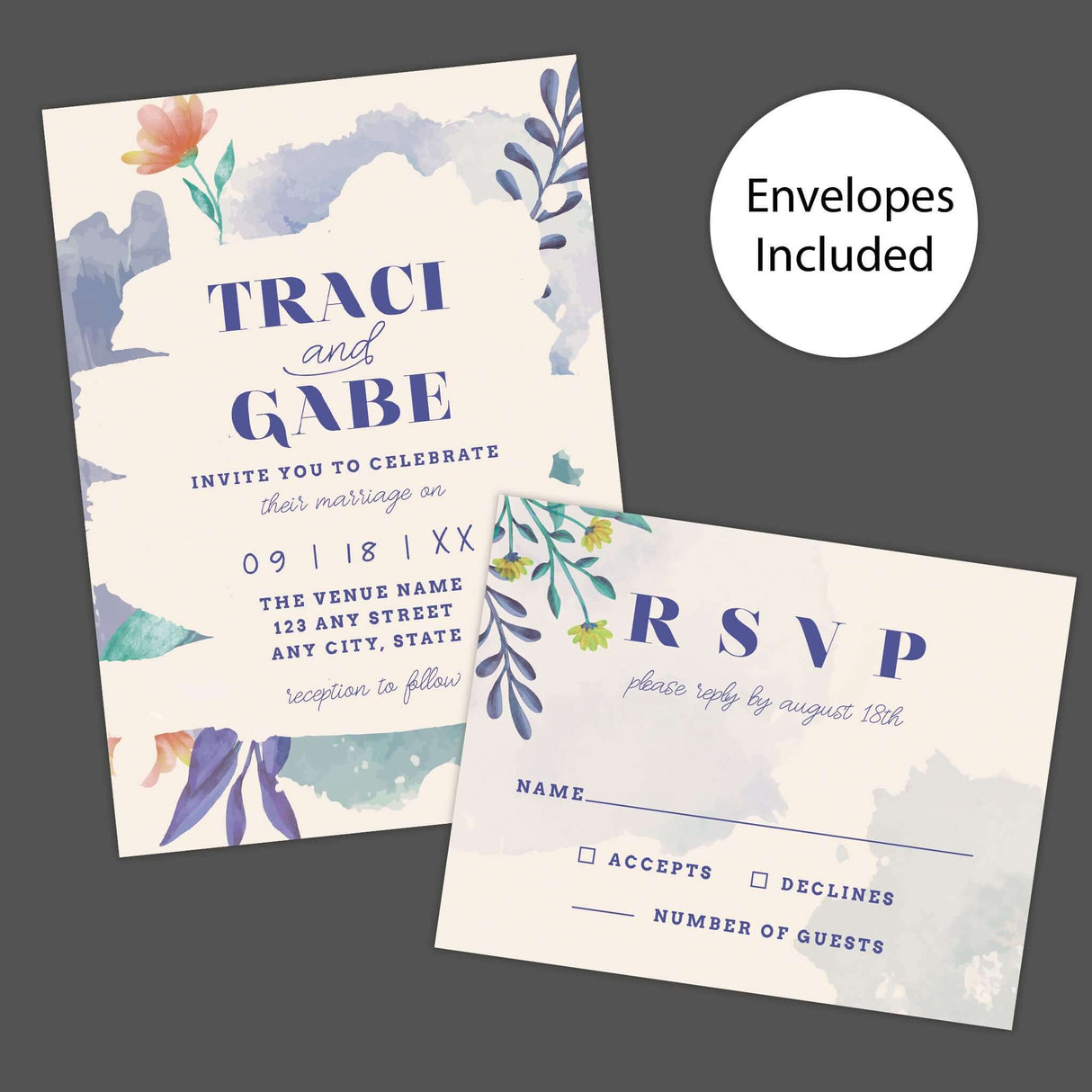 Colorful watercolor floral wedding invitation with bold serif names, playful script, and painted brushstroke accents on a cream background. - invite and RSVP