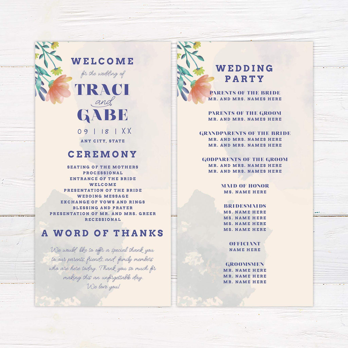 Wedding program with watercolor florals and bold script and serif fonts for a fun and artistic ceremony style.