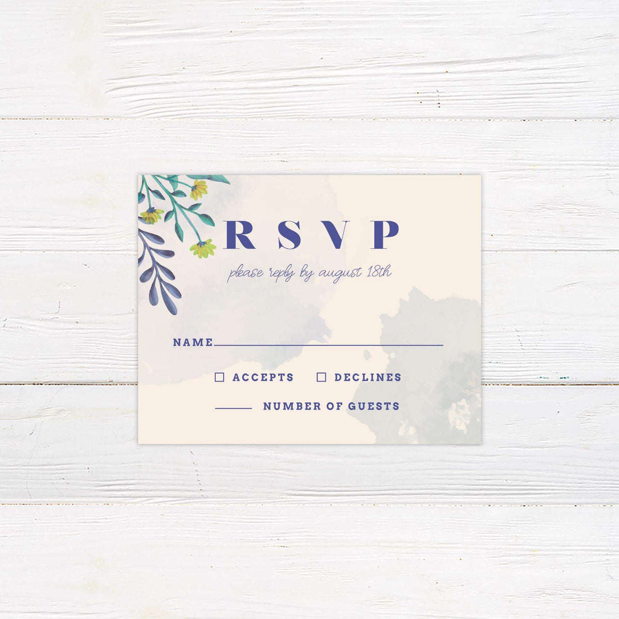 RSVP card with coordinating watercolor floral elements and colorful brushstroke background in a playful design.