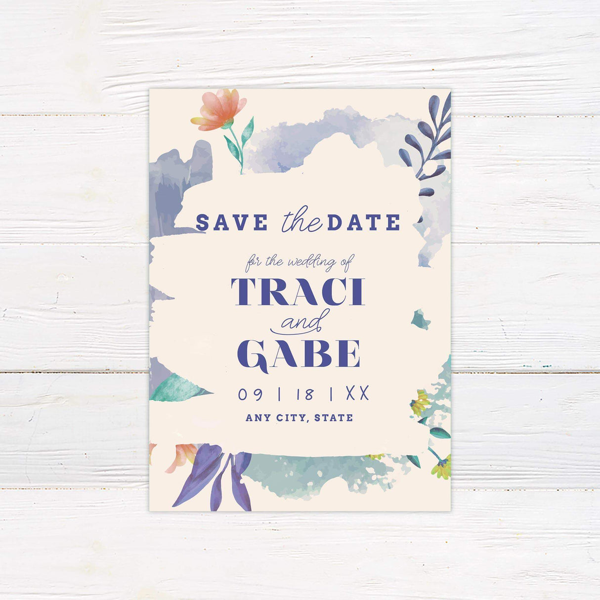Save the date card with playful brushstroke textures and bright watercolor flower accents for a lively first impression.