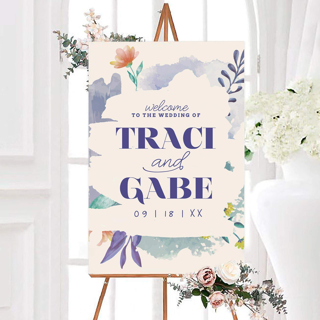 Watercolor floral painterly love wedding welcome sign with soft lavender, blue, teal, and coral botanical accents. The personalized design features the couple’s names and wedding date with elegant modern typography.