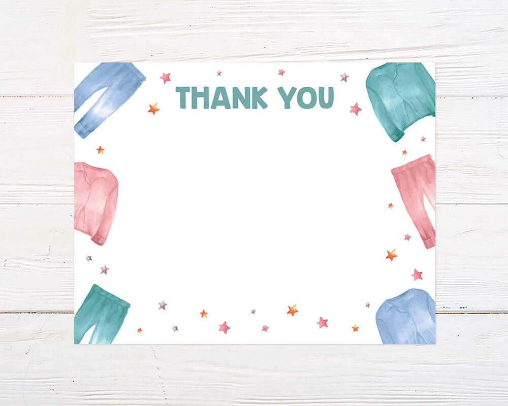 A fun and colorful thank you card features watercolor pajamas in pink, green, and blue scattered around the edges. Small multicolored stars are sprinkled between the clothing pieces, framing the bold green "Thank You" text at the top.
