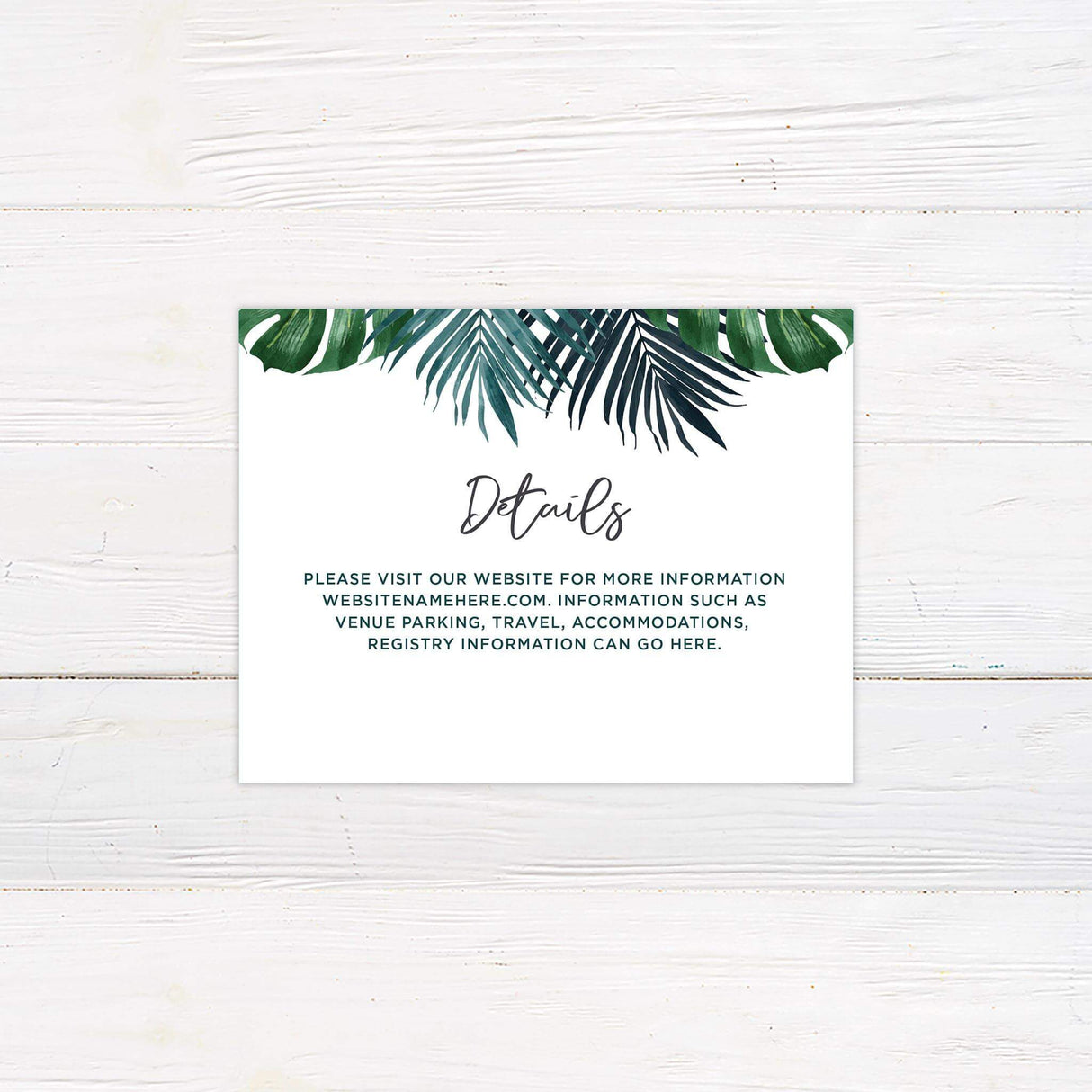 Wedding detail card with tropical palm fronds border and clean serif and script font combination.