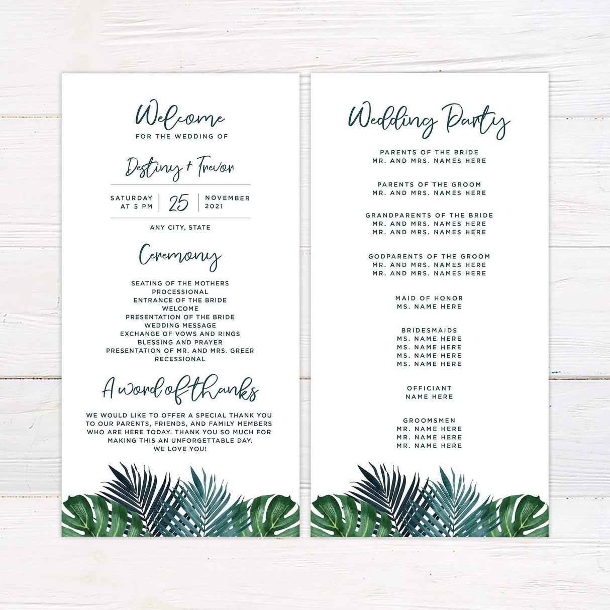 Wedding program featuring watercolor palm fronds at the top and modern typography for a beach-inspired look.