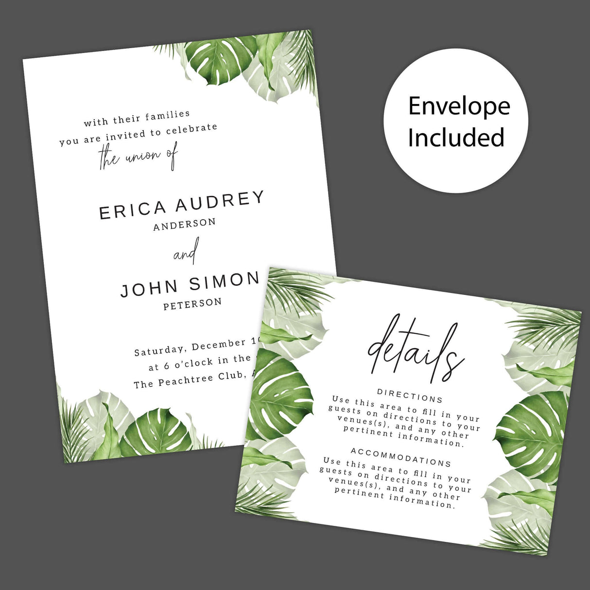 Minimalist wedding invitation with green watercolor palm and monstera leaves, modern serif and script fonts on white background.- invite and detail cards