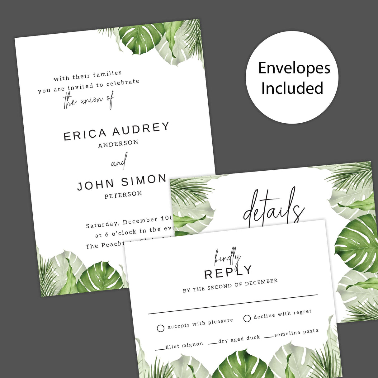 Minimalist wedding invitation with green watercolor palm and monstera leaves, modern serif and script fonts on white background. - invite, RSVP, and Detail cards