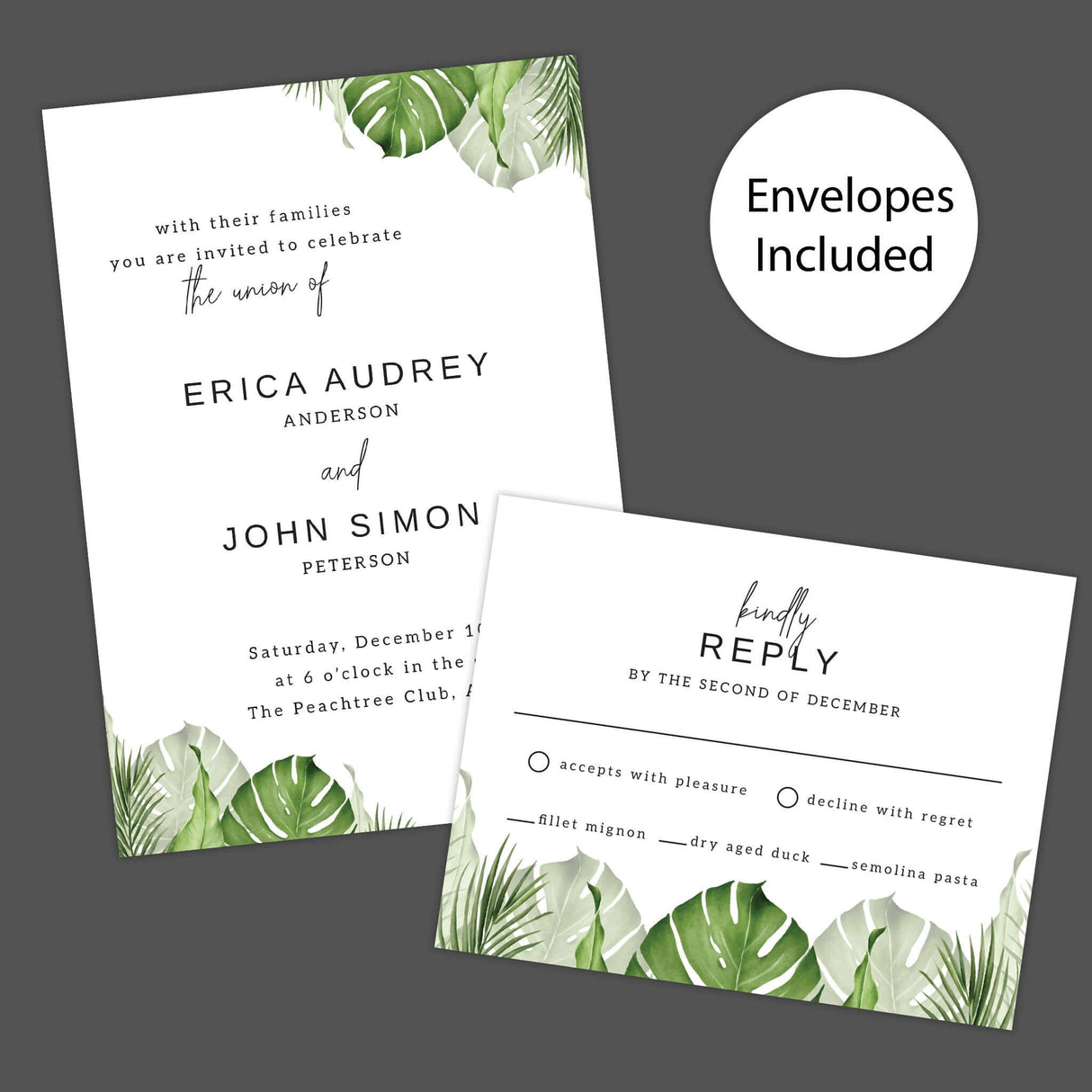 Minimalist wedding invitation with green watercolor palm and monstera leaves, modern serif and script fonts on white background. invite and RSVP