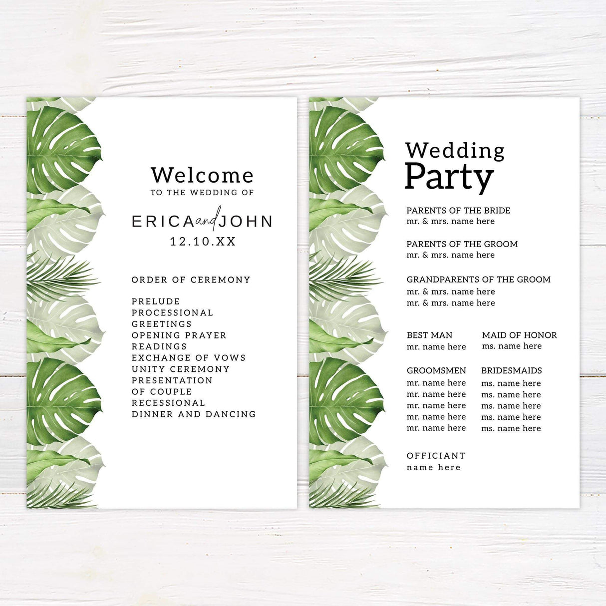Wedding program with watercolor palm leaves at top and bottom, and elegant modern layout.
