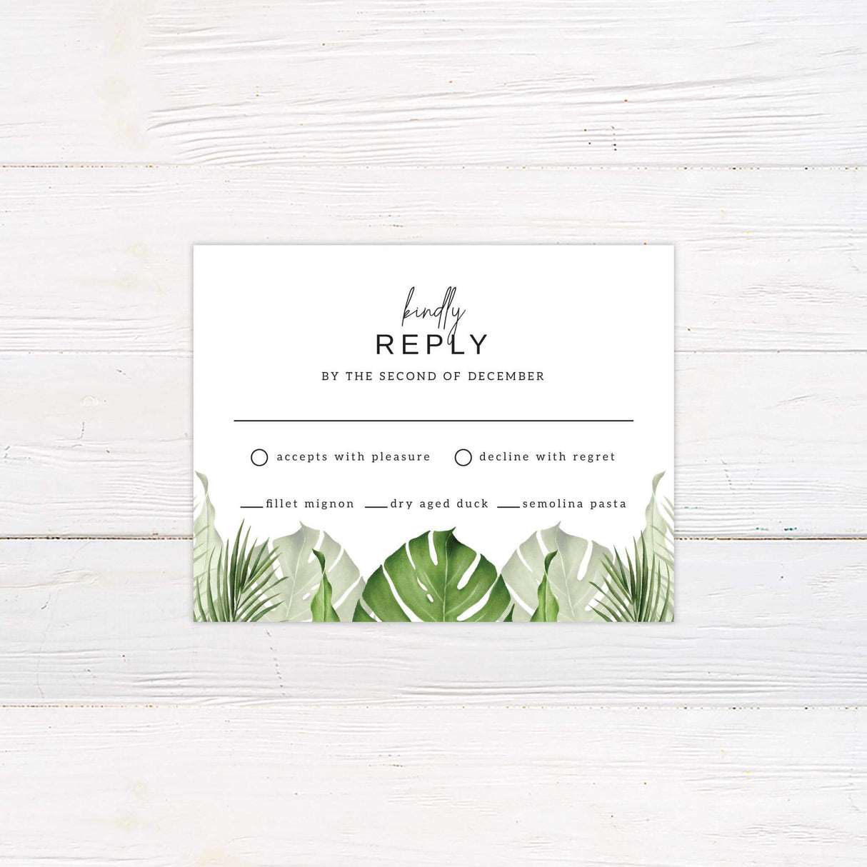 RSVP card with matching green watercolor palm leaves and minimalist modern text on a white background.