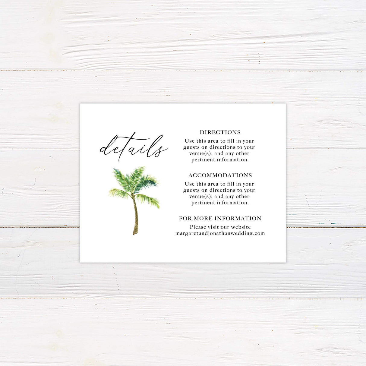 Wedding detail card with a clean white layout and palm tree watercolor illustration for a tropical theme.