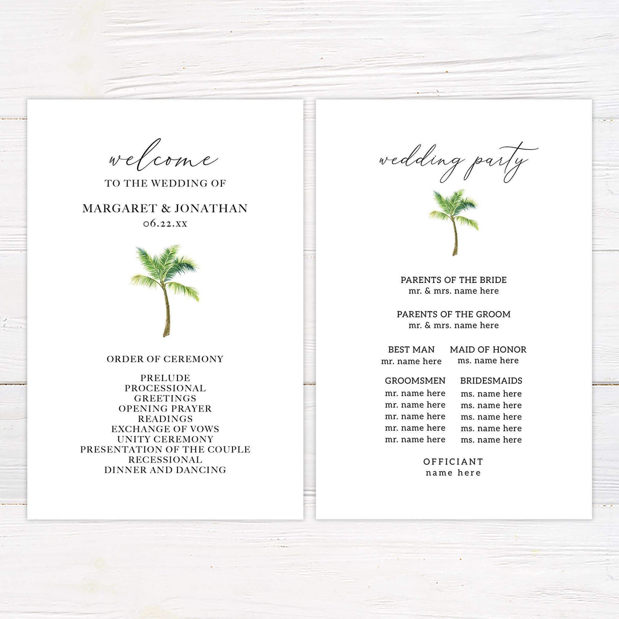 Wedding program featuring a small palm tree motif and elegant, easy-to-read serif and script typography.