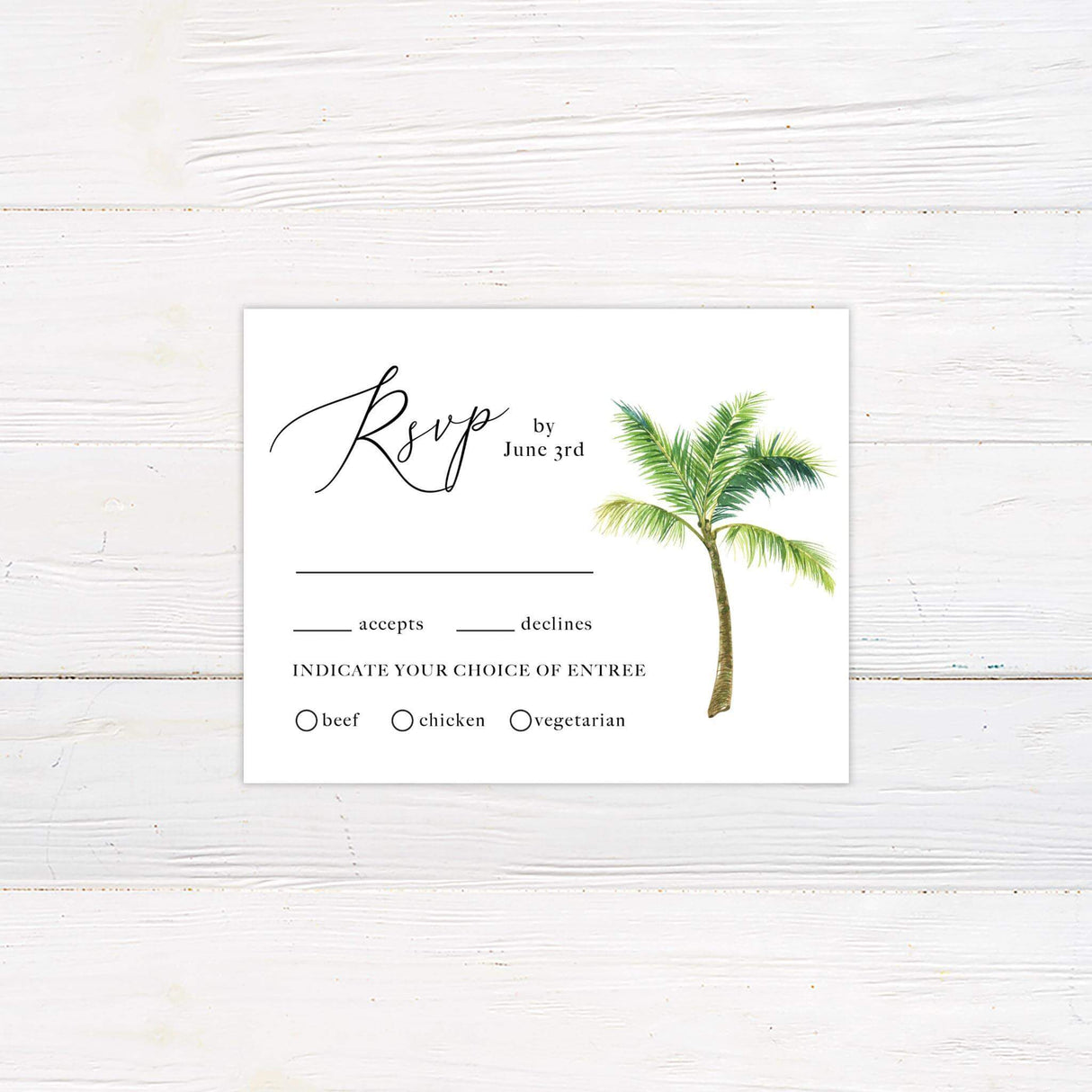 RSVP card with a watercolor palm tree and matching minimalist serif and script fonts on a white background.