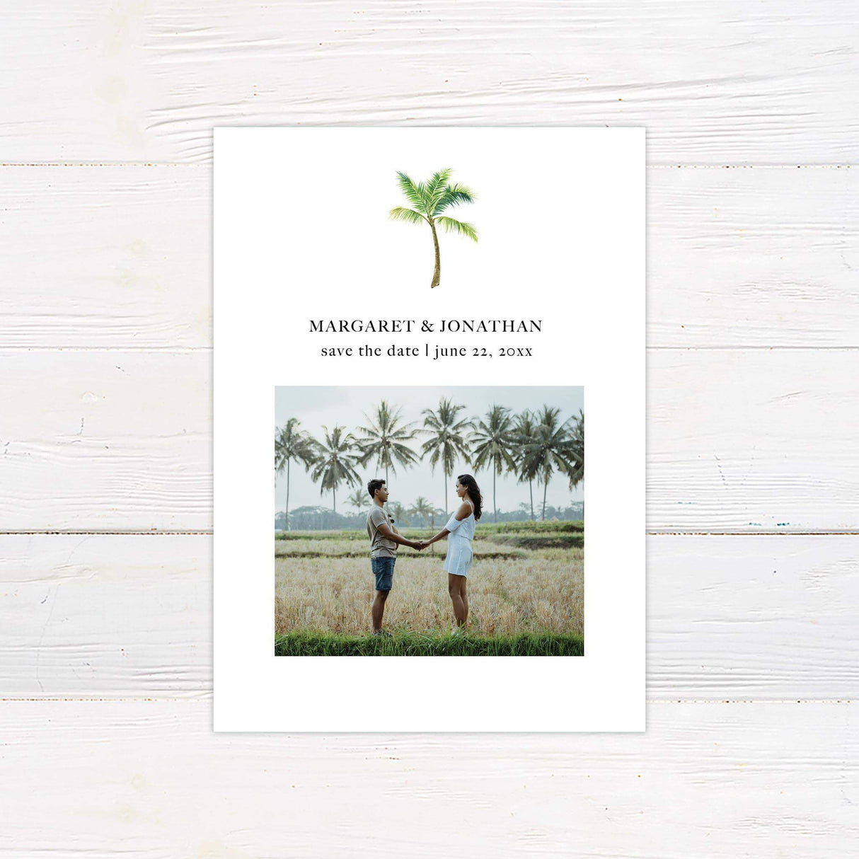 Save the date card with tropical palm tree watercolor and minimalist font layout for beach or destination weddings.