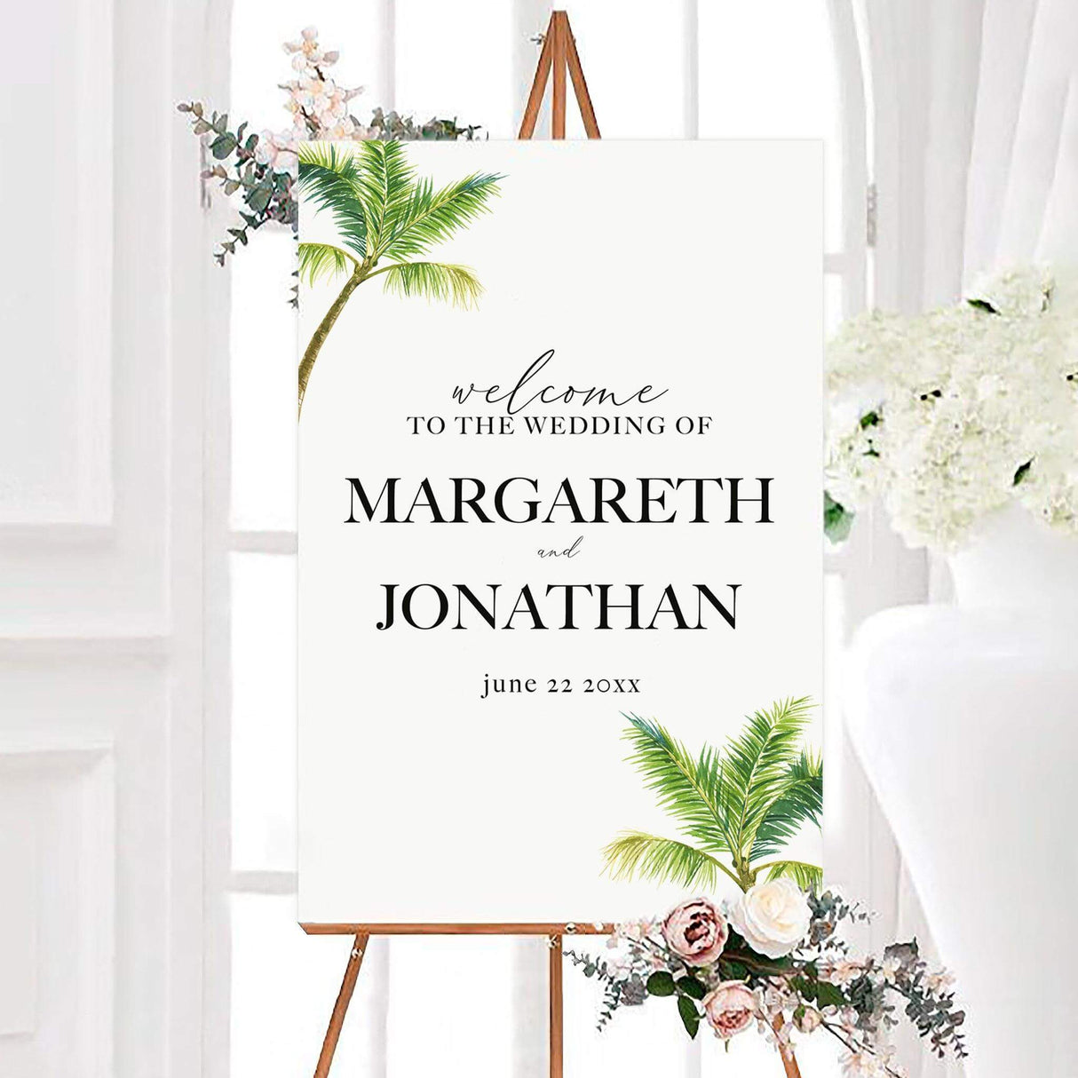 Tropical palm tree wedding welcome sign featuring watercolor palm trees in opposite corners with elegant black typography on a white background. The personalized design displays the couple’s names and wedding date.