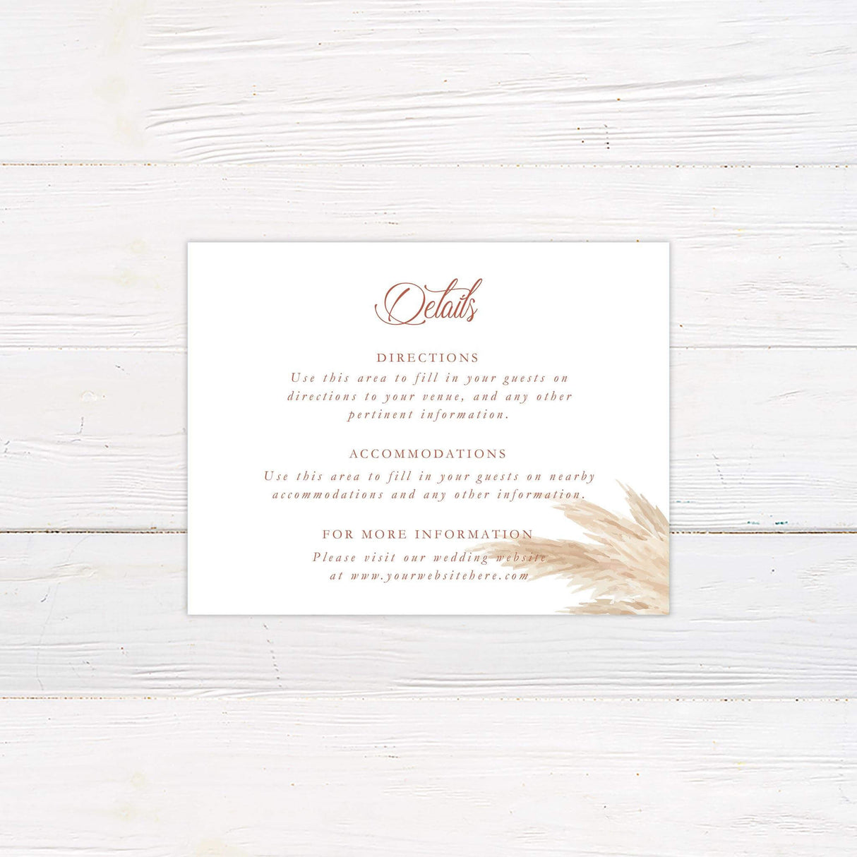 Wedding detail card featuring soft pampas grass illustrations and elegant typography in warm earthy tones.