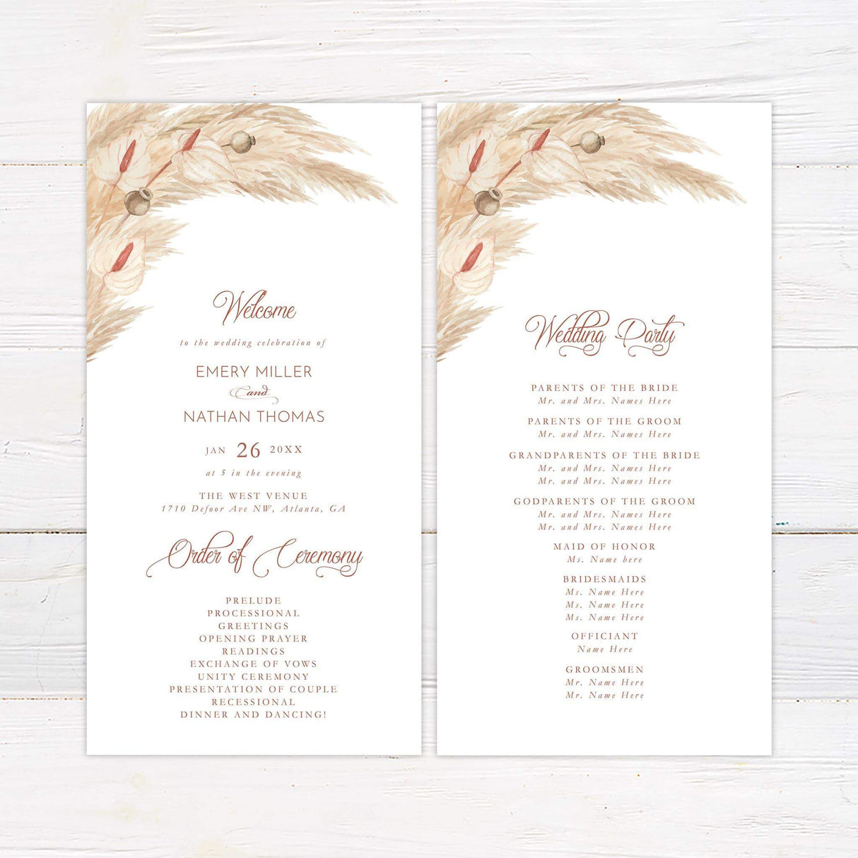 Wedding program with blush and beige watercolor florals and modern font layout for a boho-inspired ceremony.