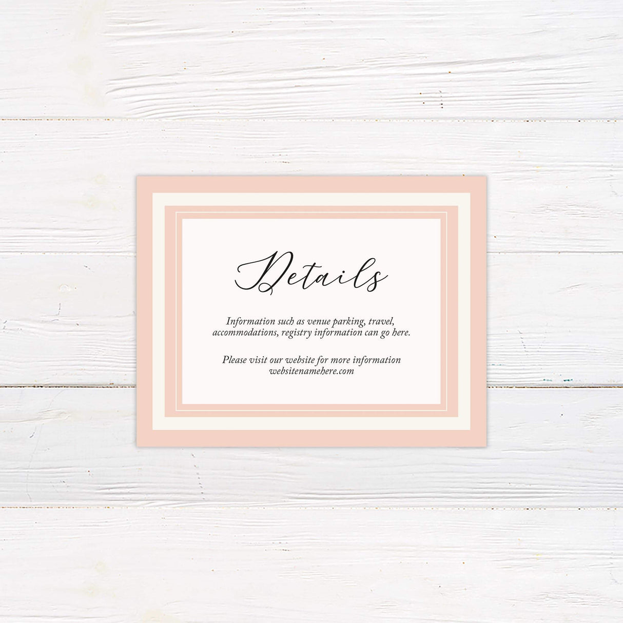 Wedding detail card featuring coordinating peach tones, green leaves, and floral accents with elegant typography.