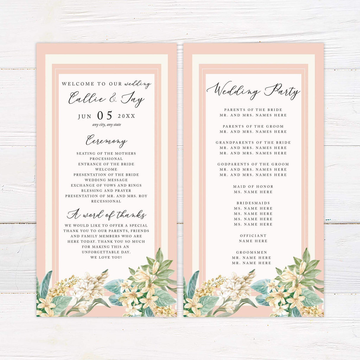 Wedding program with blush and cream color palette, floral illustrations, and organized script and serif fonts.