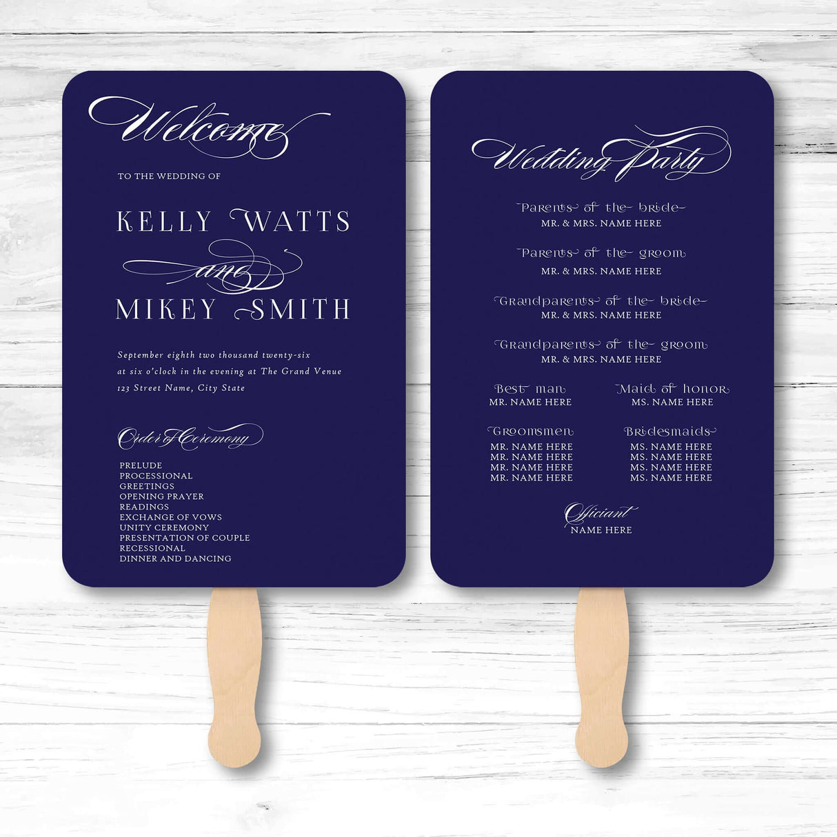 Minimalist wedding program fan with ceremony and wedding party details printed on both sides.