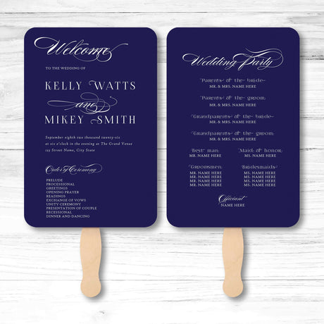 Minimalist wedding program fan with ceremony and wedding party details printed on both sides.
